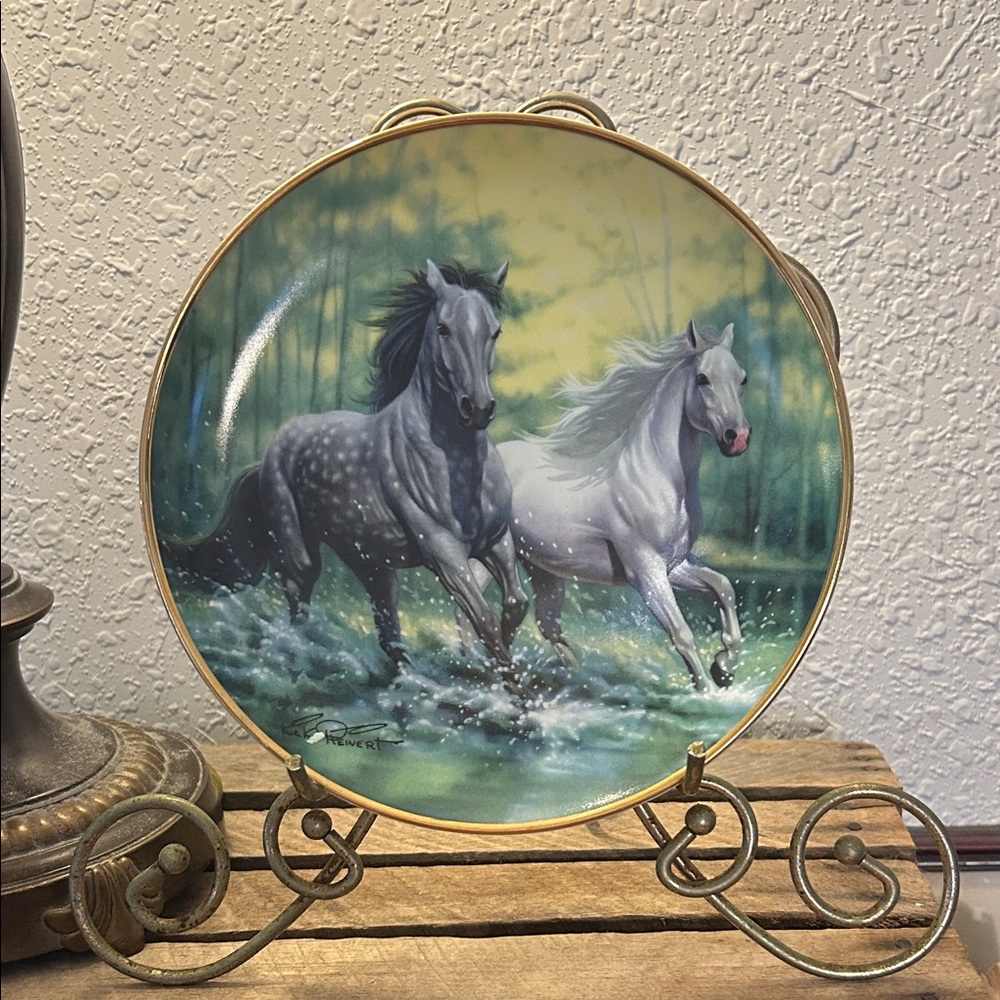 Nature Core Ceramic Plate with Horses in Nature Scene River Run